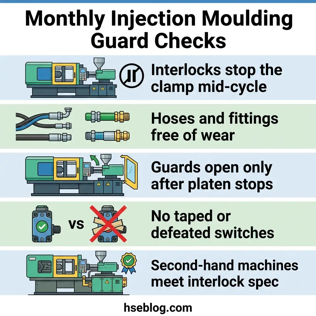 Infographic showing five monthly safety checks for injection moulding machines, including interlock systems, hose inspection, guard operation, switch condition, and second-hand machine compliance requirements.