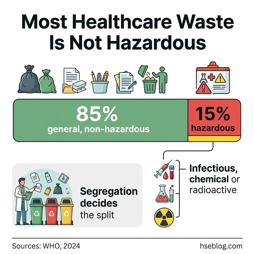 Bar chart showing that 85% of healthcare waste is general and non-hazardous while 15% is hazardous including infectious, chemical, and radioactive materials, with segregation determining the classification.