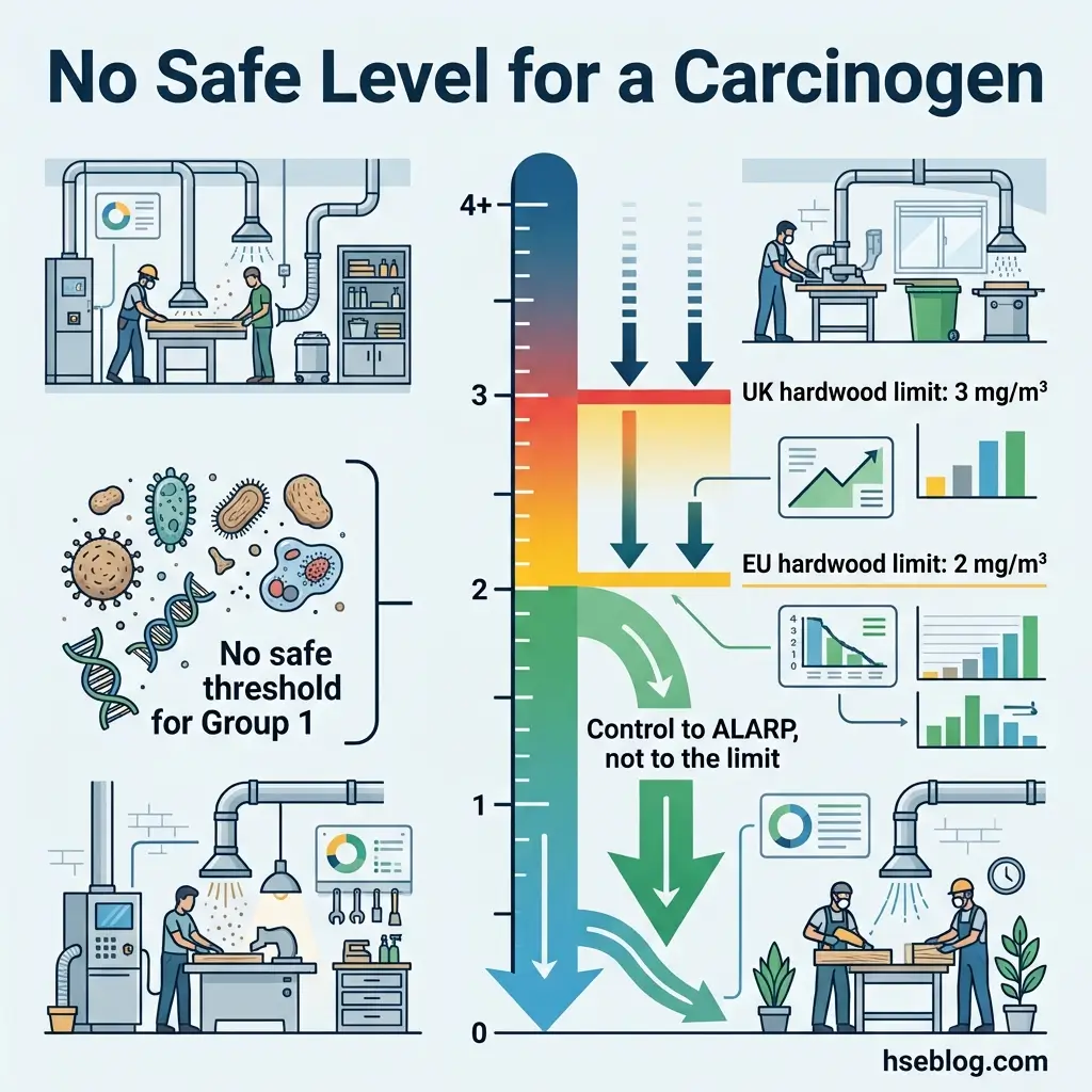 Infographic illustrating that carcinogens have no safe exposure level, showing regulatory limits for hardwood dust and the principle of controlling exposure to as low as reasonably practicable rather than a safe threshold.