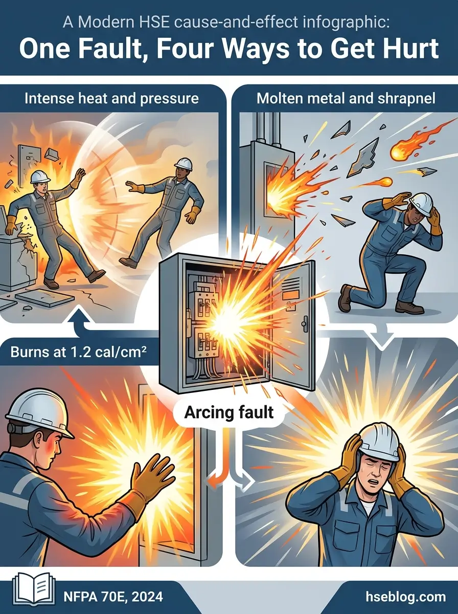 Infographic showing four hazards from an electrical arcing fault: intense heat and pressure causing burns, molten metal and shrapnel projectiles, thermal radiation burns, and blast pressure effects on workers.