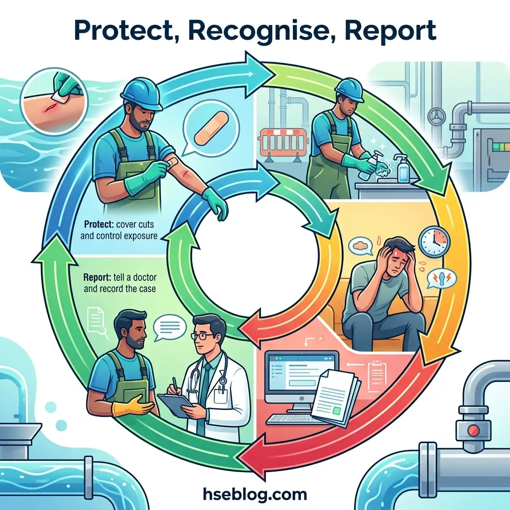 Circular infographic showing the "Protect, Recognise, Report" cycle for workplace injuries: covering wounds, reporting to a doctor, recognizing symptoms of illness, and informing medical professionals.