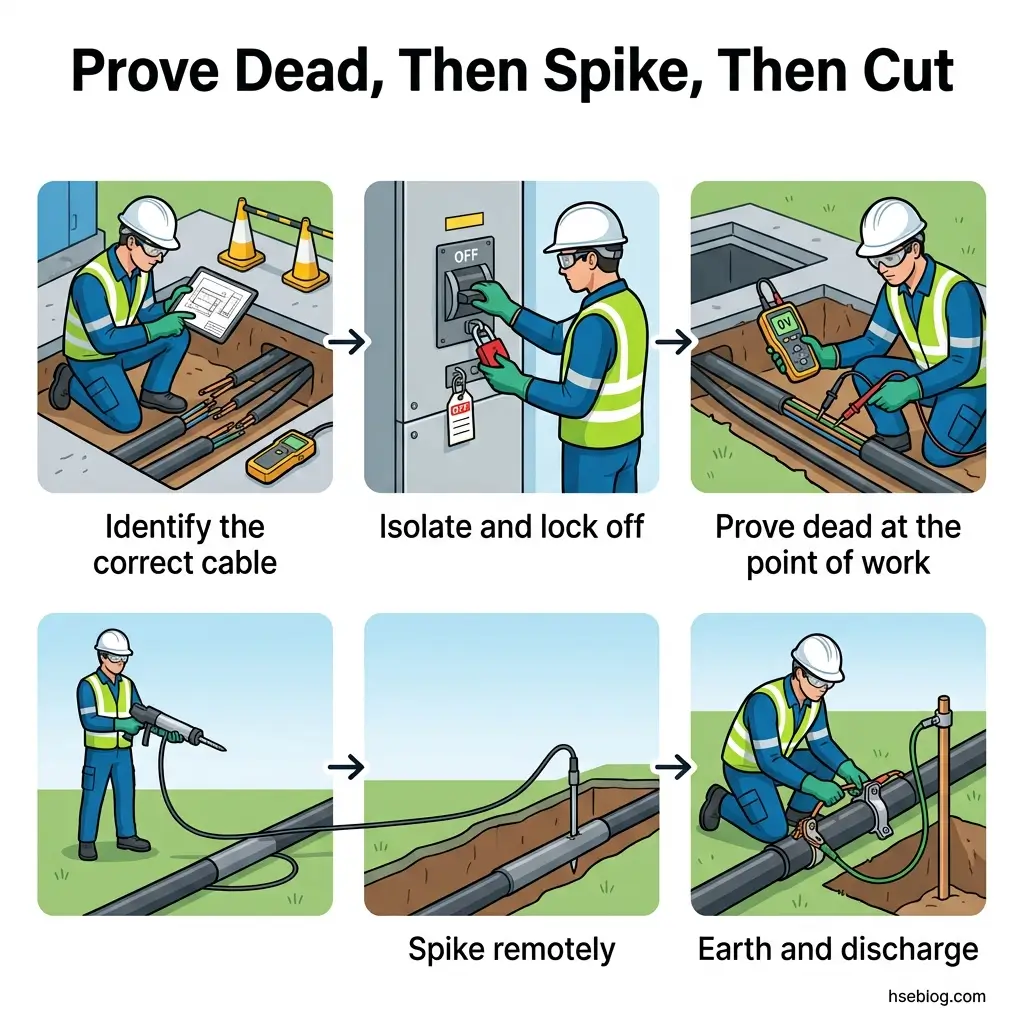 Illustrated guide showing six steps of electrical safety procedures: identifying cables, isolating power at switch, testing equipment, spiking cable remotely, and grounding and discharging at the work point.