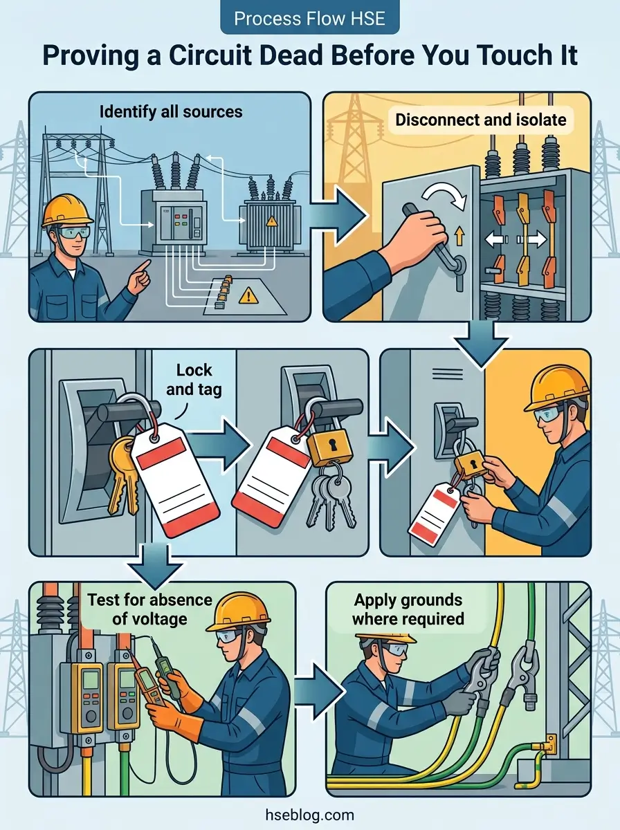 Illustrated process flow diagram showing six steps for safely proving an electrical circuit is dead: identifying power sources, disconnecting and isolating equipment, locking and tagging switches, testing for voltage absence, and applying grounds before work begins.