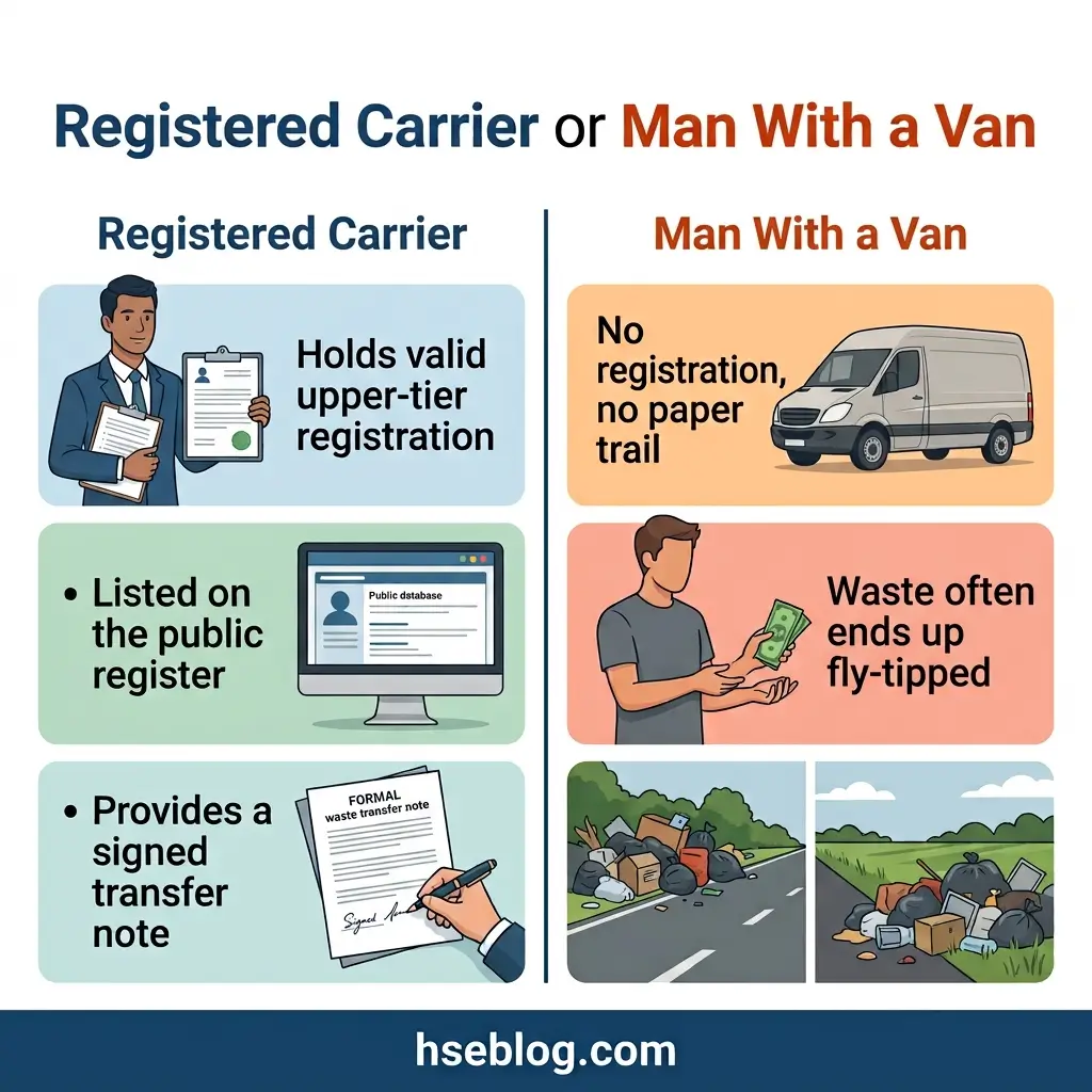 Comparison chart showing differences between registered carriers and unlicensed waste operators, highlighting legal registration, public database listing, formal documentation, and environmental concerns.