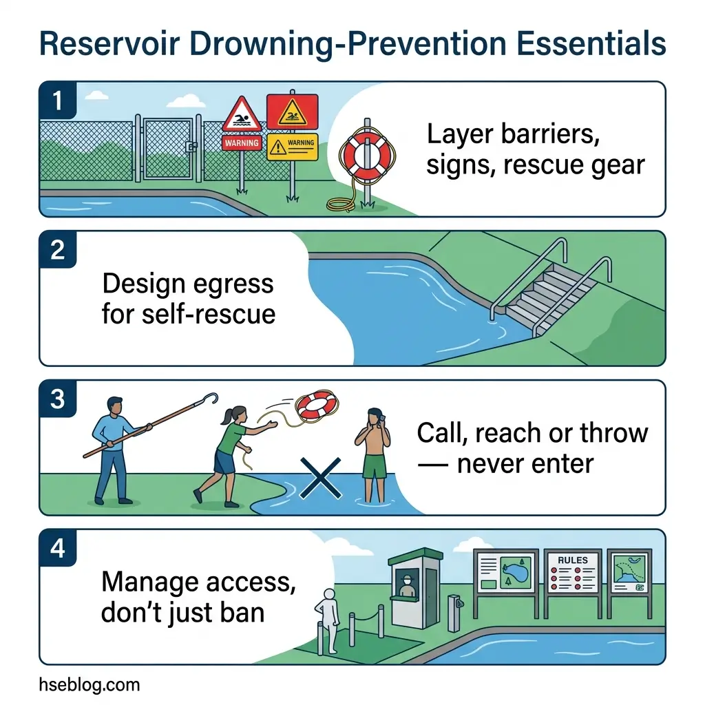 Infographic showing four essential strategies for preventing drowning at reservoirs: physical barriers and warning signs, accessible egress points, water rescue techniques, and managed access with rules and supervision.
