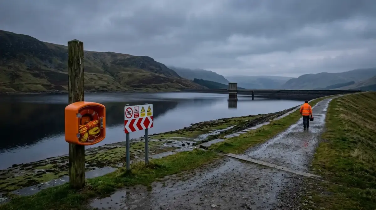 A person in an orange jacket walks along a wet gravel path beside a calm reservoir, with safety markers and warning signs visible, surrounded by misty mountains and moorland under overcast skies.