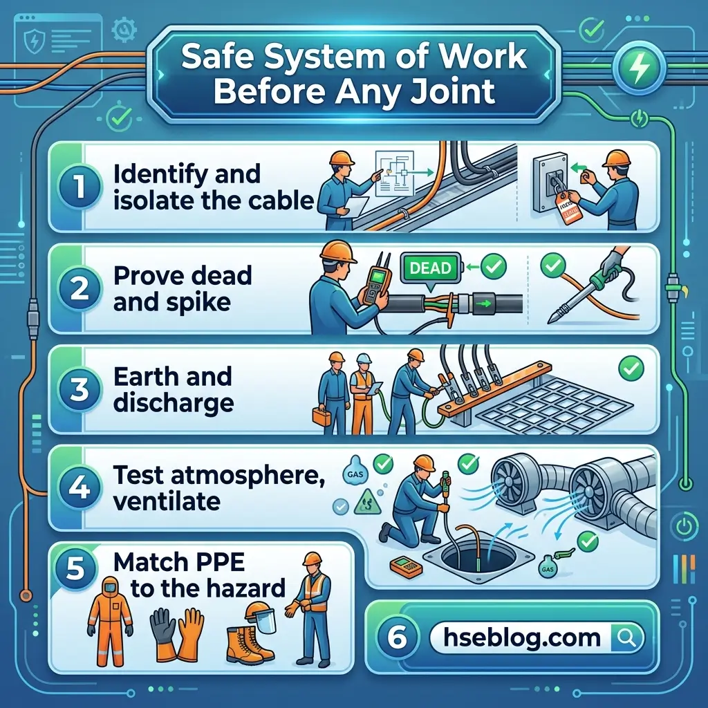 Infographic showing six safety steps for electrical work: identify and isolate cables, test for dead circuits, earth and discharge, test atmosphere and ventilate, match PPE to hazards, with workers in hard hats performing each task.