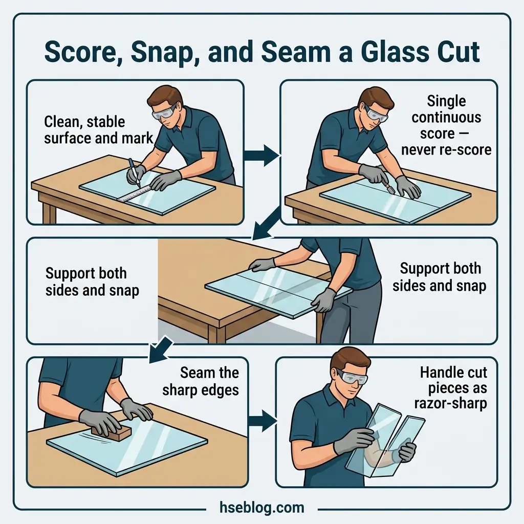 Step-by-step guide showing a worker scoring, snapping, and seaming a glass cut on a wooden table, demonstrating proper technique for safe glass cutting and handling.