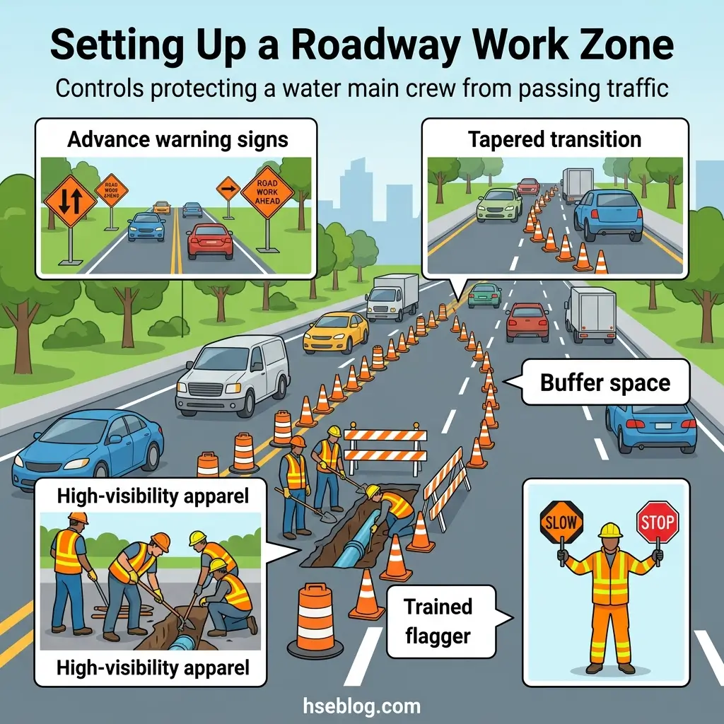 Illustrated infographic showing essential safety measures for setting up a roadway work zone, including advance warning signs, tapered transitions with traffic cones, buffer space, high-visibility worker apparel, and trained flaggers controlling traffic.
