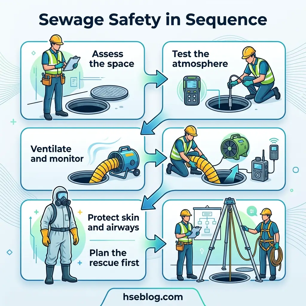 Infographic showing six sequential steps for sewage safety, depicting workers assessing spaces, testing atmosphere, ventilating areas, protecting airways, and planning rescues with protective equipment and monitoring tools.