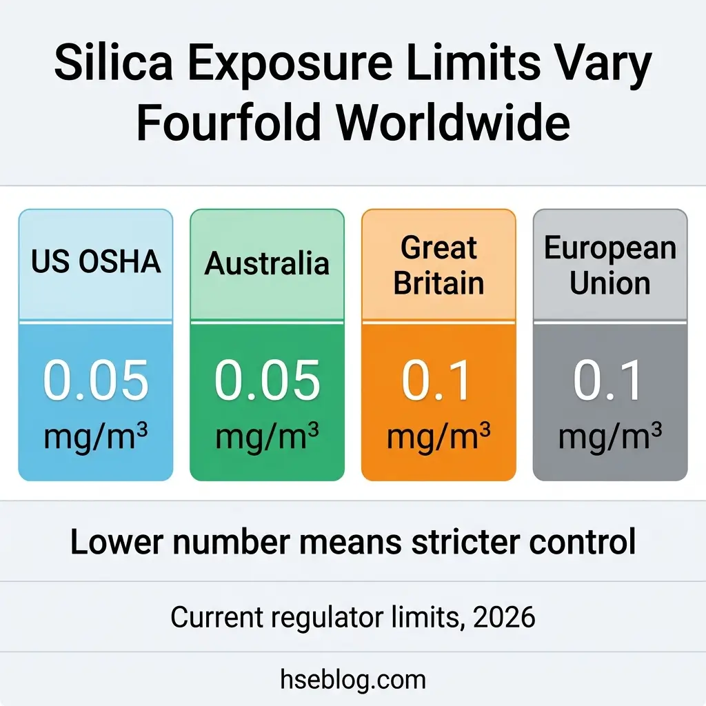 Chart comparing occupational silica dust exposure limits across four regions: US OSHA and Australia at 0.05 mg/m³, Great Britain and European Union at 0.1 mg/m³, showing a twofold variation in regulatory standards as of 2026.