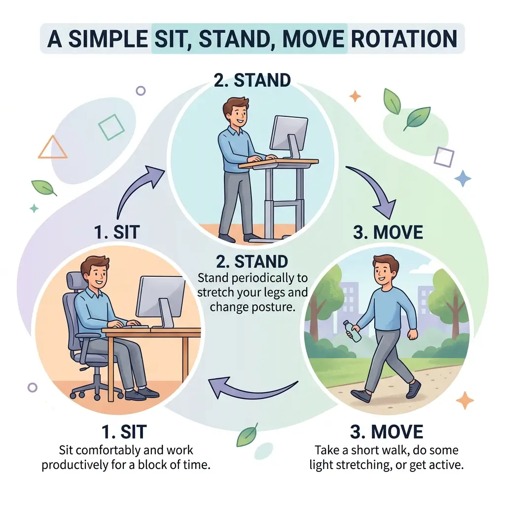 Illustrated circular diagram showing a three-step workplace wellness rotation: sitting at a desk to work, standing at a desk to stretch, and moving outdoors with light activity like walking.