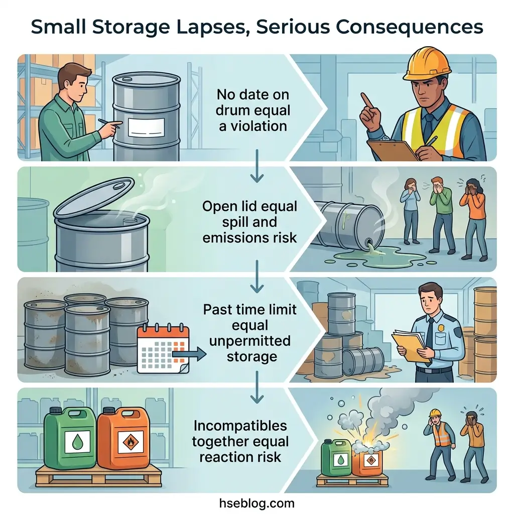 Infographic showing the cascade of consequences from improper chemical storage, including undated drums, spills, expired storage, and incompatible materials leading to workplace hazards and safety violations.