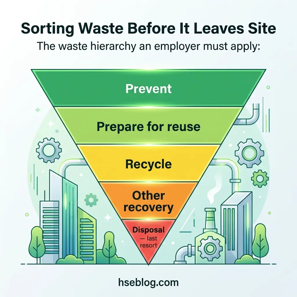 Inverted pyramid chart showing the waste hierarchy employers must follow, from top priority "Prevent" through "Prepare for reuse," "Recycle," "Other recovery," to "Disposal" as last resort, with industrial cityscape background.