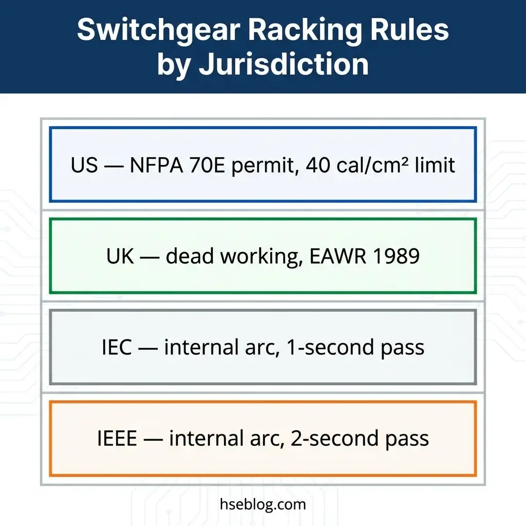 Chart showing switchgear racking rules across four jurisdictions: US requires NFPA 70E permit with 40 cal/cm² limit, UK uses dead working per EAWR 1989, IEC specifies internal arc with 1-second pass, and IEEE requires internal arc with 2-second pass.