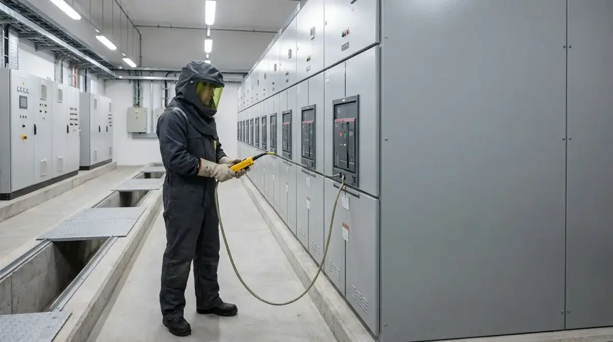 Electrician in protective gear and face shield testing electrical equipment with a multimeter in an industrial substation control room.