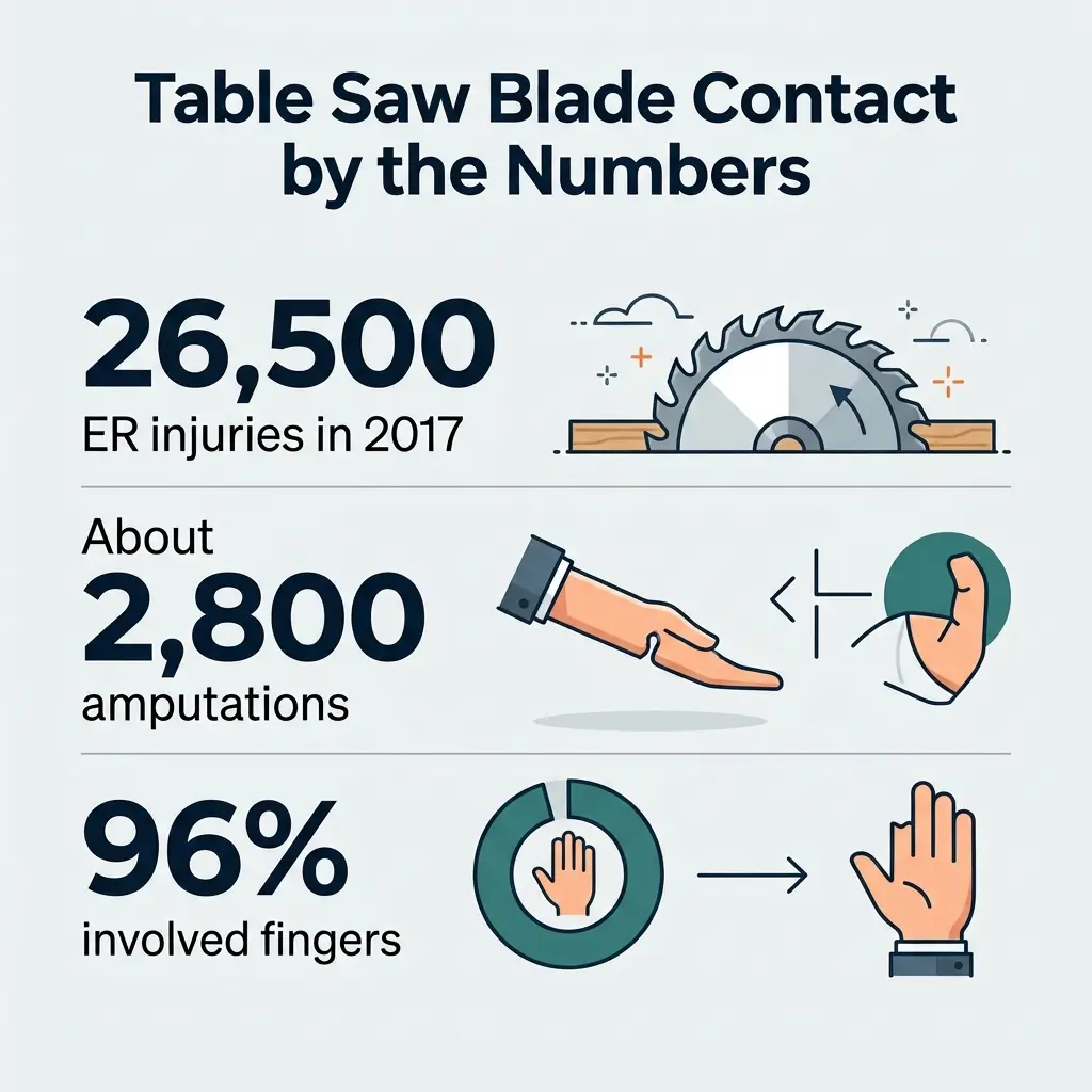 Infographic showing table saw blade injury statistics: 26,500 ER injuries in 2017, approximately 2,800 amputations, and 96% involving fingers, illustrated with icons of a saw blade, hand, and ear.