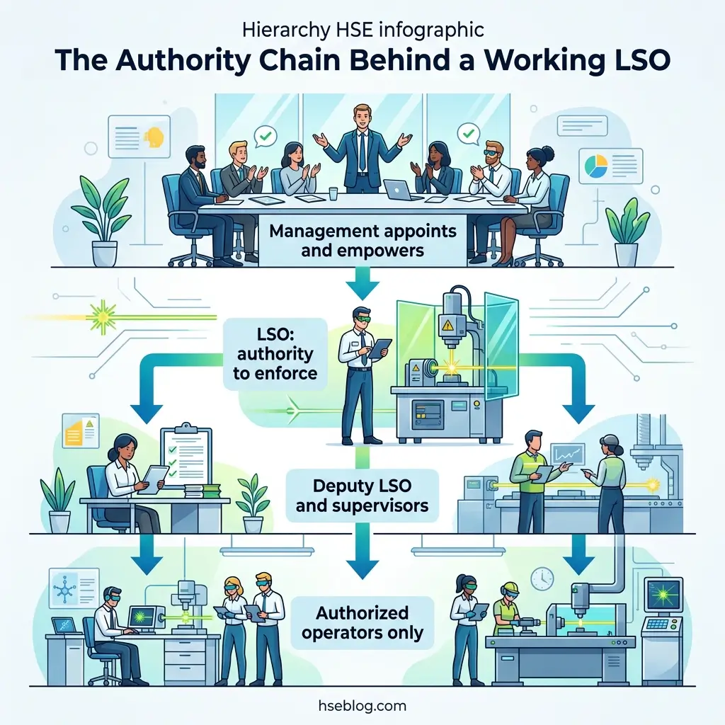 Hierarchical flowchart showing how management appoints an LSO with authority to enforce safety, who then delegates to deputy LSOs and supervisors, ultimately ensuring only authorized operators work with industrial machinery and equipment.