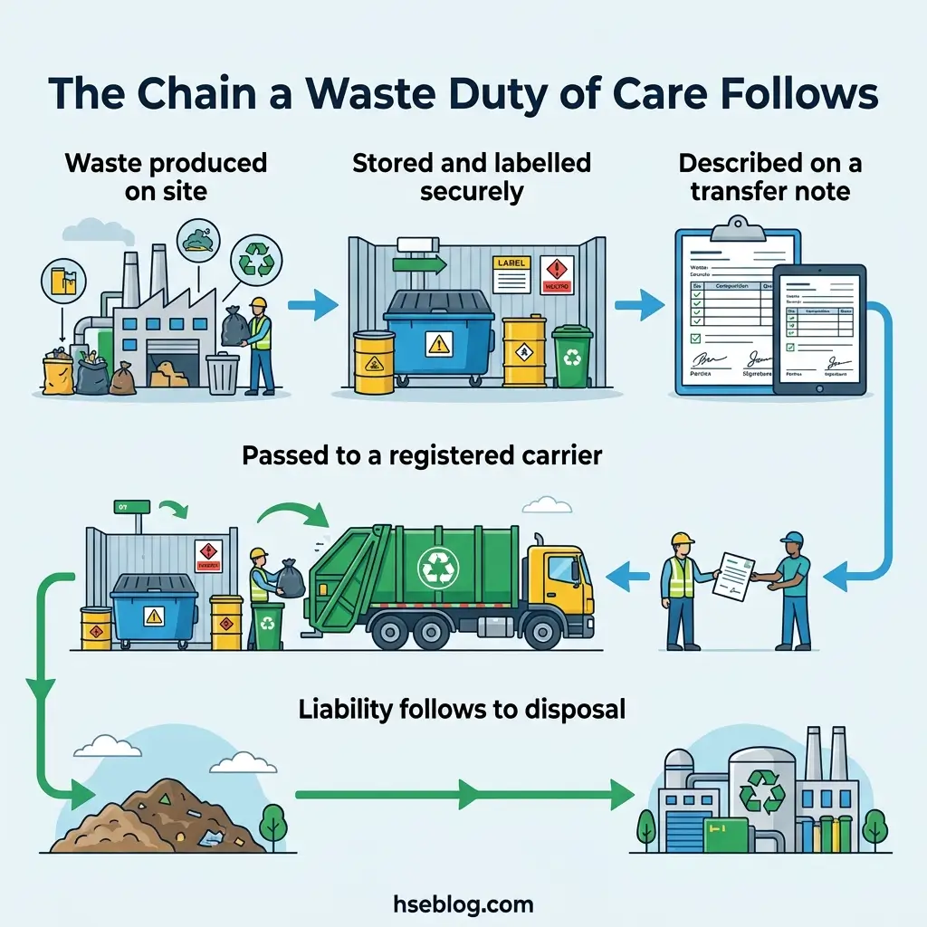 Infographic showing the waste duty of care chain, from on-site waste production through secure storage, transfer documentation, registered carrier pickup, and final disposal at a recycling facility.
