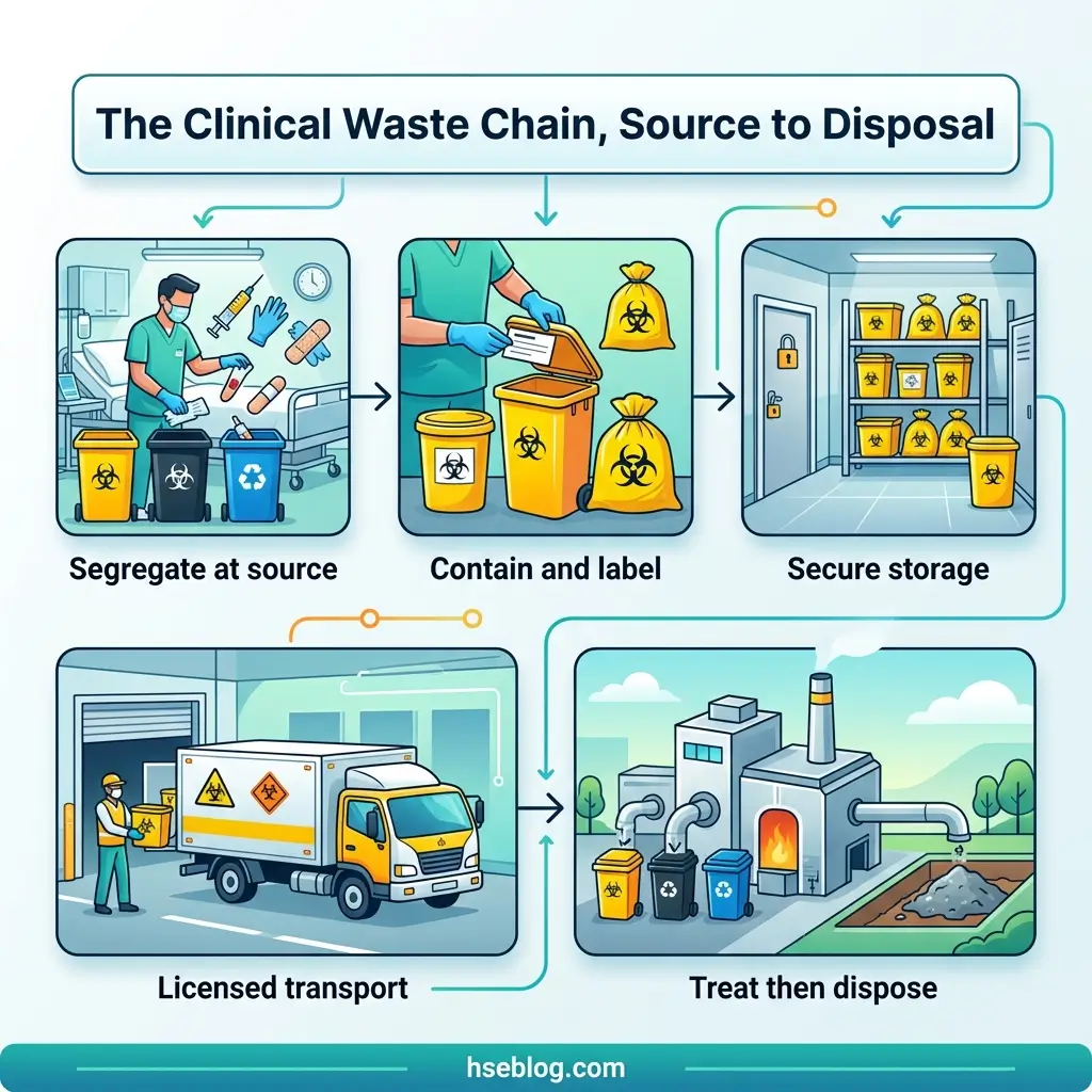 Infographic showing the five-step clinical waste management process: segregation at source, containment and labeling, secure storage, licensed transport, and treatment and disposal at a facility.