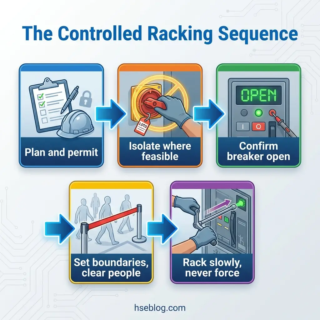 Infographic showing five sequential steps of the Controlled Racking Sequence: plan and permit, isolate where feasible, confirm breaker open, set boundaries and clear people, and rack slowly without forcing.