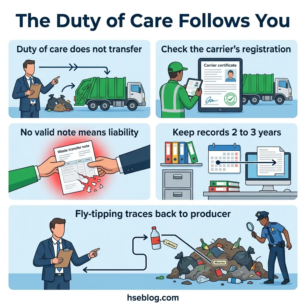 Infographic illustrating five key principles of waste management duty of care: non-transferability of responsibility, carrier registration verification, documentation requirements, record retention timelines, and traceability of fly-tipped waste.