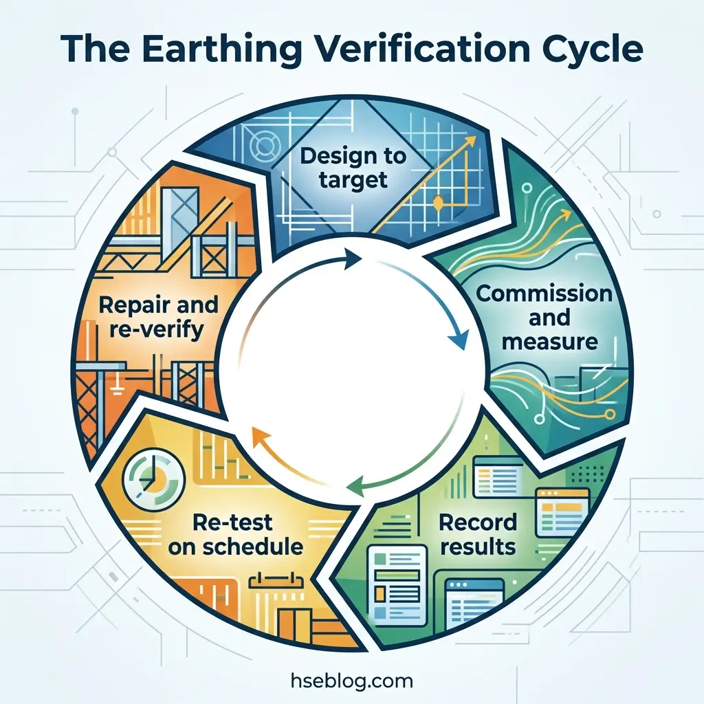 Circular diagram showing the five stages of the earthing verification cycle: design to target, commission and measure, record results, re-test on schedule, and repair and re-verify, with arrows indicating continuous flow.