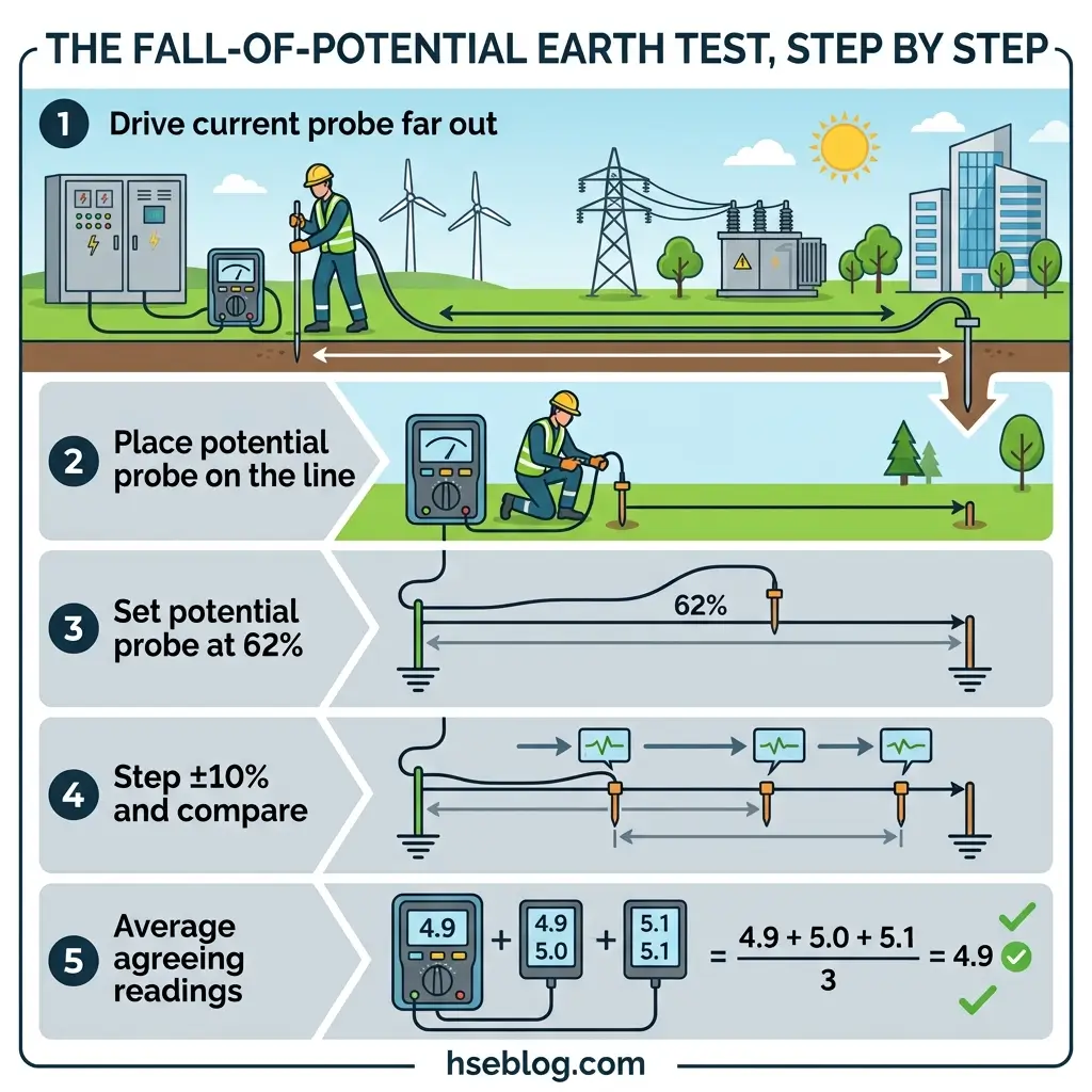 Step-by-step illustration of the fall-of-potential earth test procedure, showing how to measure ground resistance by placing probes, setting potential at 62%, stepping in 10% increments, and averaging multimeter readings.