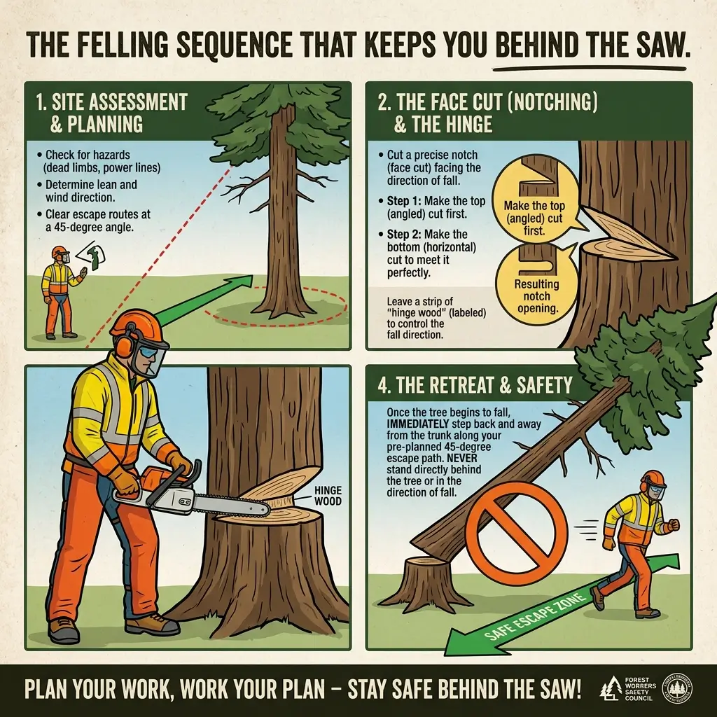 Infographic showing four steps of safe tree felling: site assessment, making the face cut and hinge, cutting with a chainsaw, and retreating to a safe escape zone away from the falling tree.