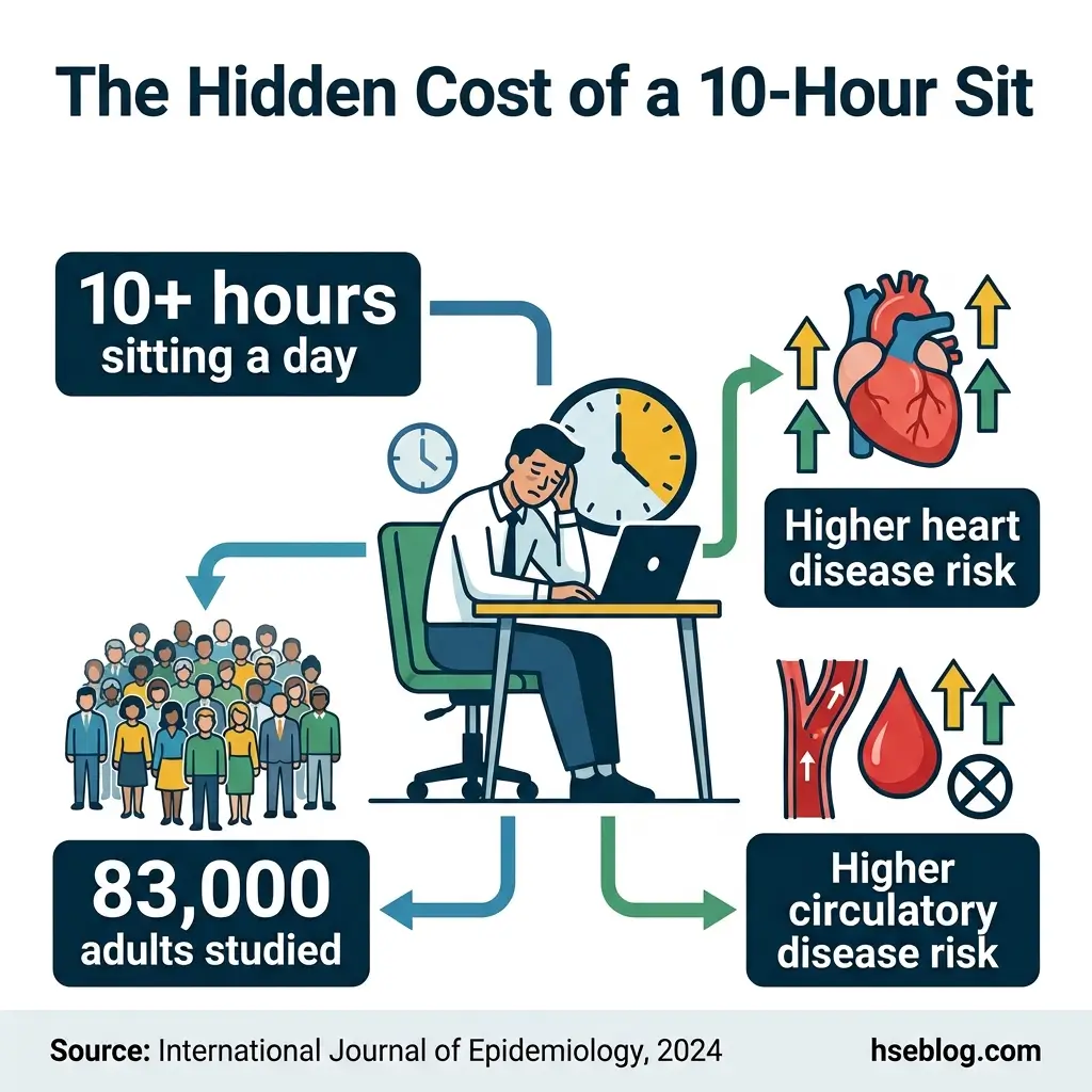 Infographic showing health risks of prolonged sitting, depicting a man at a desk working 10+ hours daily, with study data from 83,000 adults revealing increased heart disease and circulatory disease risk.