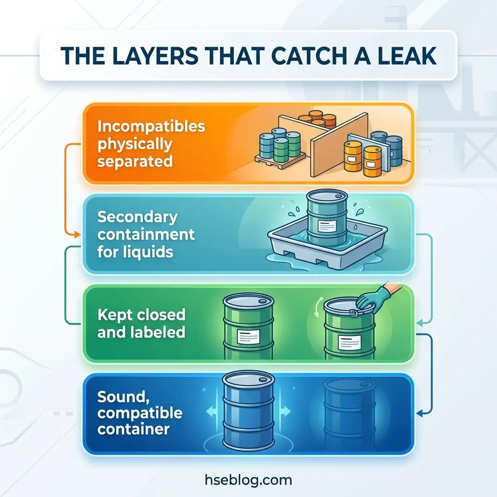 Infographic showing four protective layers for containing chemical leaks: incompatible materials physically separated, secondary containment for liquids, closed and labeled containers, and sound compatible containers at the base.