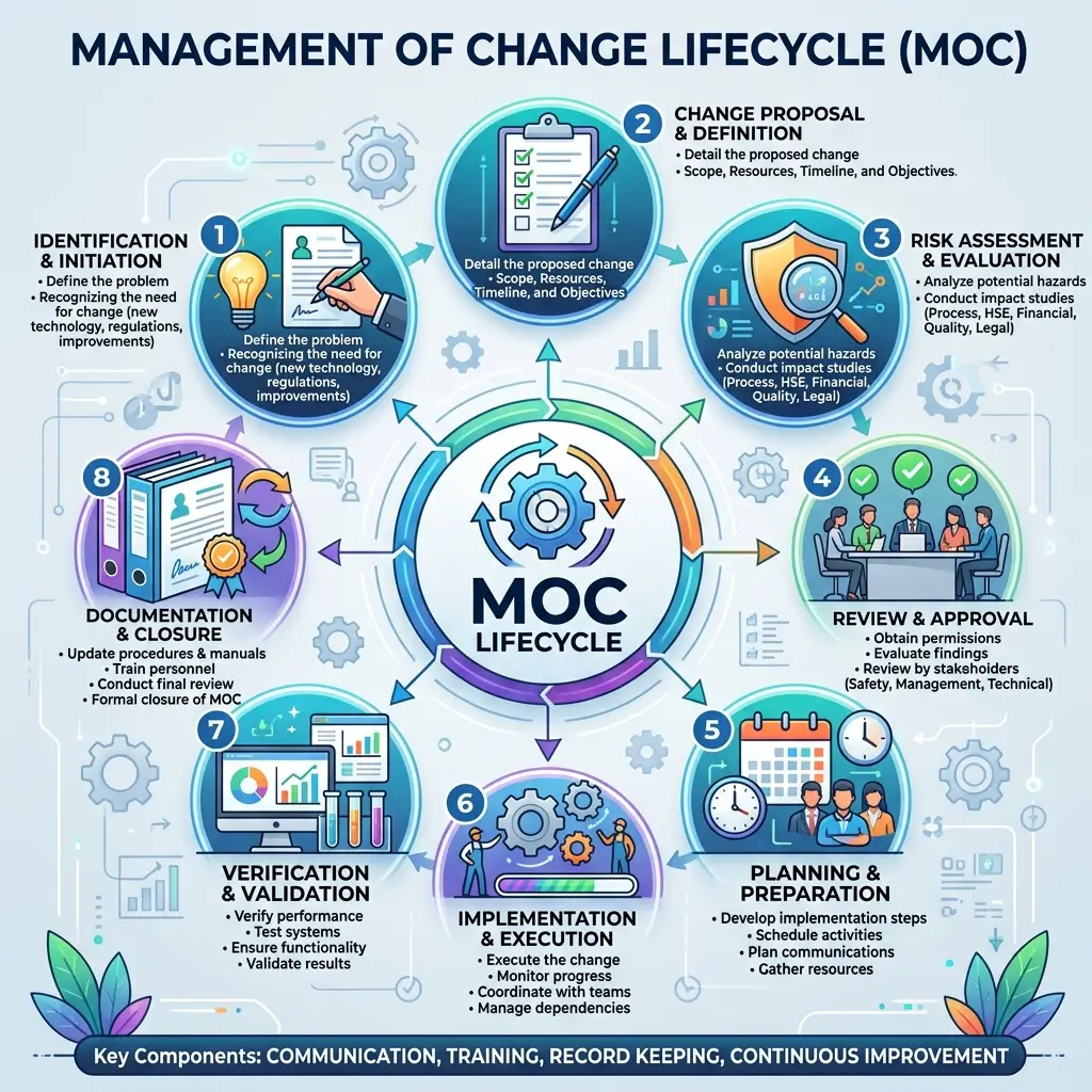 Circular diagram illustrating the 8-stage Management of Change Lifecycle from identification through documentation, with key components including communication, training, and continuous improvement highlighted at the bottom.