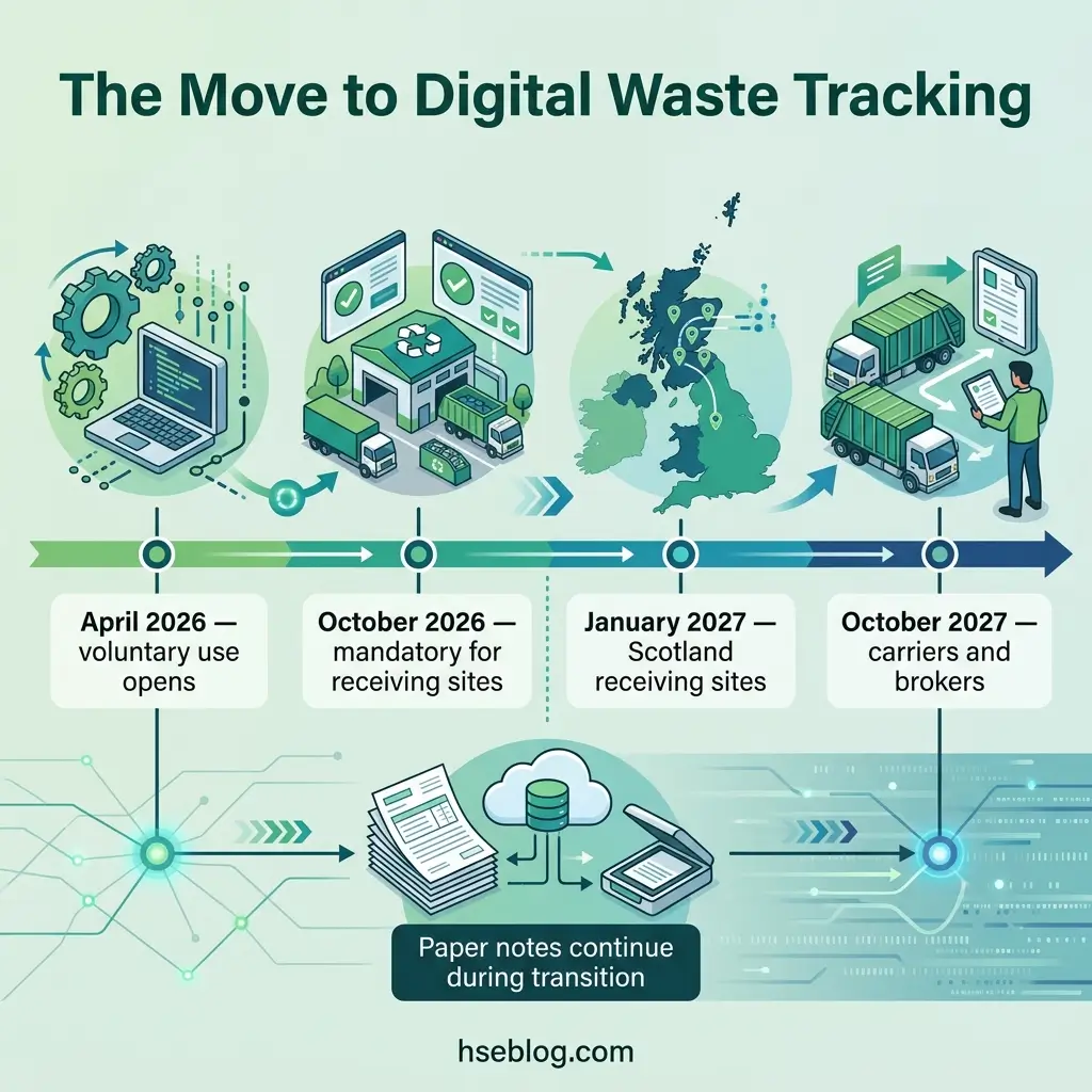 Timeline infographic showing the phased implementation of digital waste tracking in the UK from April 2026 to October 2027, featuring software systems, waste facilities, regional rollout, and carrier integration with concurrent paper documentation.