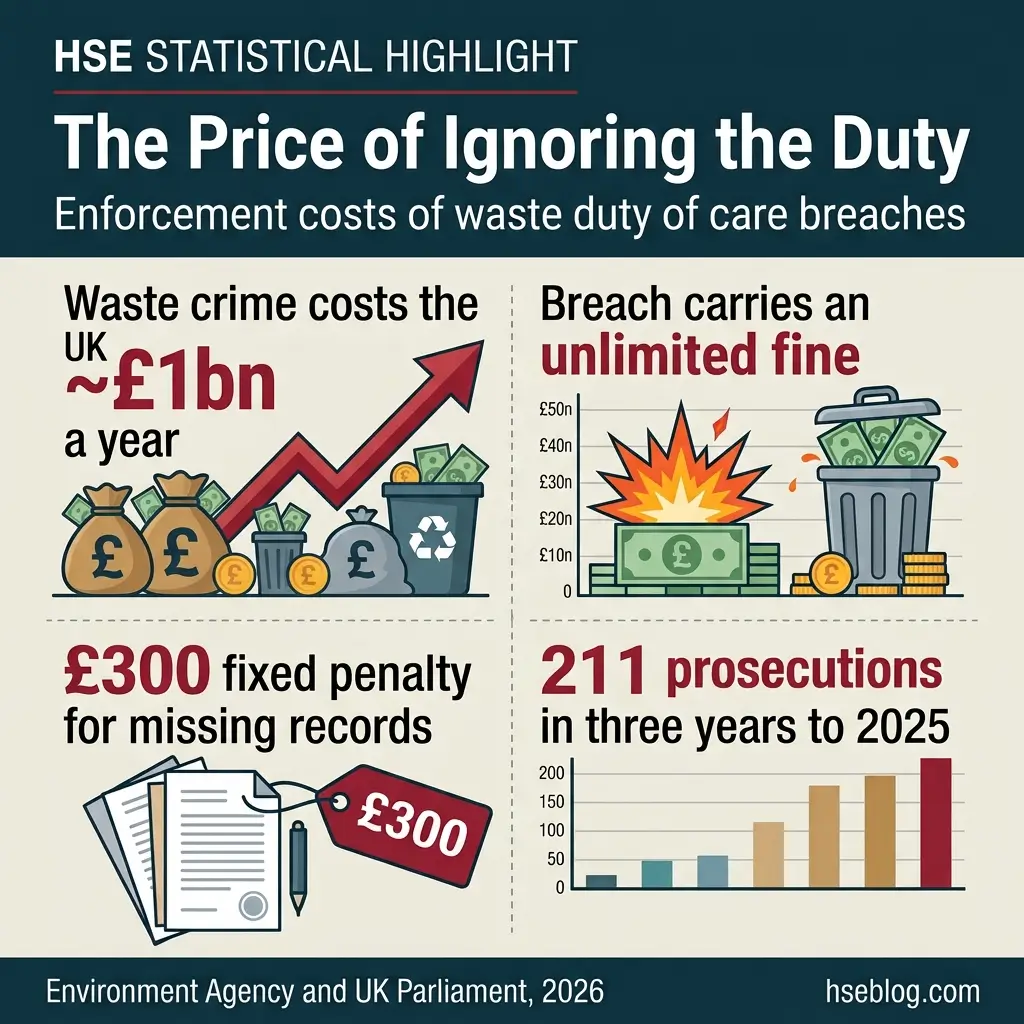 Infographic showing UK waste duty of care breach enforcement costs: £1 billion annual waste crime impact, unlimited fines for breaches, £300 fixed penalties for missing records, and 211 prosecutions in three years to 2025.