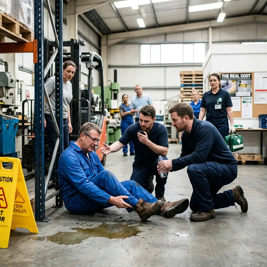 Industrial workplace safety training scenario showing an injured worker sitting on factory floor being attended to by colleagues while supervisors observe, with yellow caution sign and equipment visible in warehouse setting.