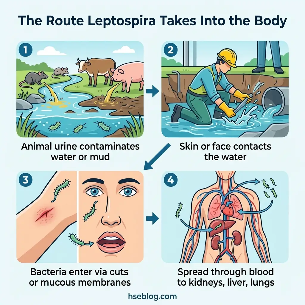 Infographic showing four steps of how leptospira bacteria enters the body: contaminated water from animal urine, skin contact with water, bacteria entering through cuts or mucous membranes, and spreading through blood to internal organs.