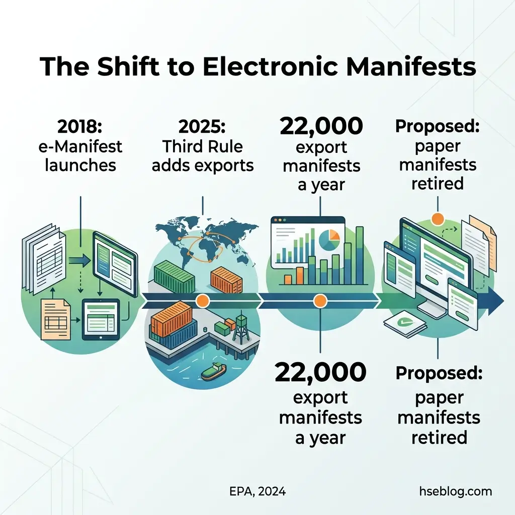 Timeline showing the shift from paper to electronic export manifests from 2018 through 2025, highlighting EPA's digitalization of waste tracking with illustrations of documents, shipping containers, and data analytics.