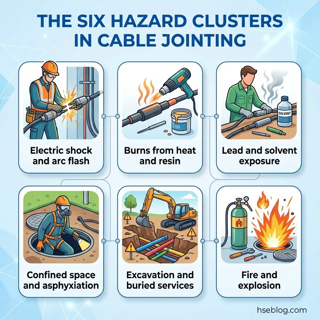 Infographic displaying six hazard clusters in cable jointing work: electric shock and arc flash, burns from heat and resin, lead and solvent exposure, confined space and asphyxiation, excavation and buried services, and fire and explosion risks.