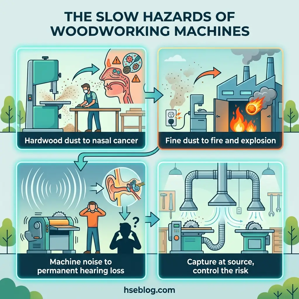 Infographic showing four health hazards from woodworking machines: hardwood dust causing nasal cancer, fine dust creating fire and explosion risks, machine noise leading to hearing loss, and dust capture systems as control measures.
