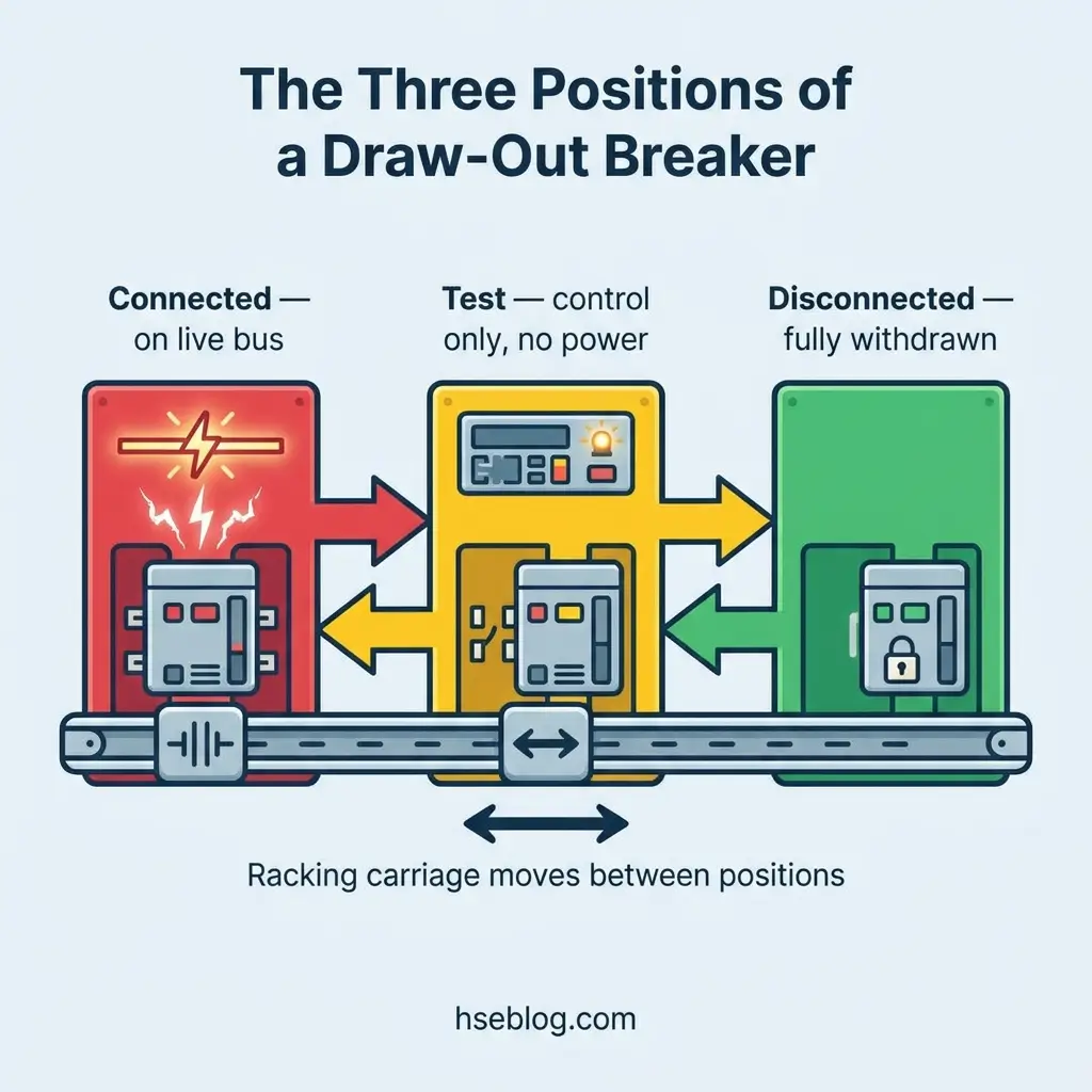 Diagram showing three positions of a draw-out circuit breaker: connected on live bus in red, test position in yellow with control only and no power, and disconnected fully withdrawn position in green, with a racking carriage mechanism moving between them.