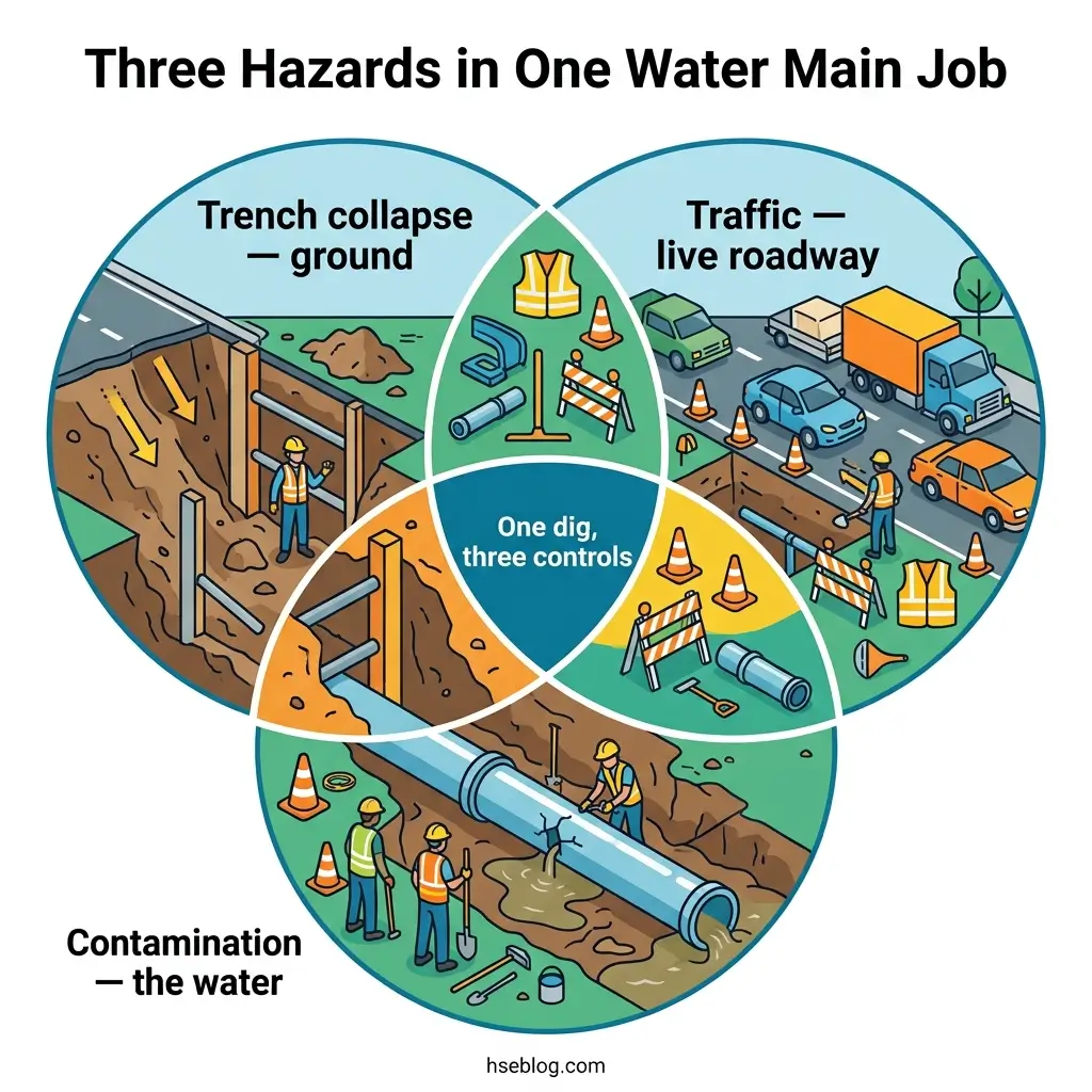 Venn diagram illustrating three overlapping hazards in water main construction work: trench collapse, traffic on live roadways, and water contamination, with central control measures for managing combined risks.