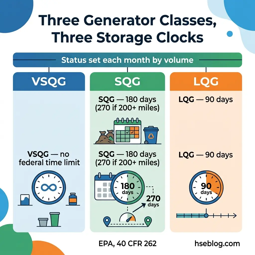 Infographic comparing three generator storage clock classes: VSQG with no federal time limit, SQG with 180-day storage (270 if over 200 miles), and LQG with 90-day storage limits, each with visual timers and waste container icons.