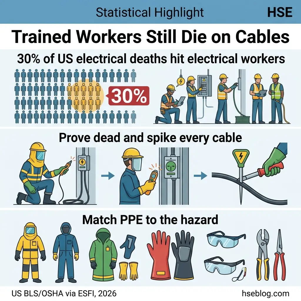 Infographic showing electrical safety statistics and best practices: 30% of US electrical deaths involve trained workers, with guidance on proving cables dead, spiking cables, and matching personal protective equipment to hazards.