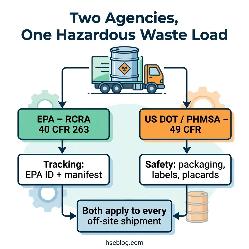 Flowchart showing how EPA-RCRA and US DOT-PHMSA regulations govern hazardous waste transportation, with tracking and safety requirements that apply to all off-site shipments.