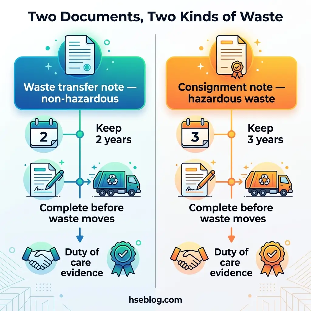 Infographic comparing two waste management documents: waste transfer notes for non-hazardous waste kept 2 years, and consignment notes for hazardous waste kept 3 years, both requiring completion before waste collection and duty of care evidence.