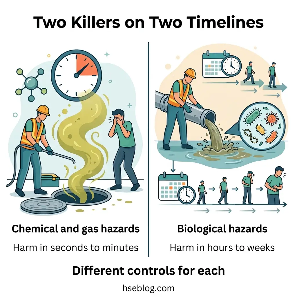 Infographic comparing chemical and biological workplace hazards, showing how chemical gases cause rapid harm in seconds to minutes while biological hazards develop over hours to weeks, requiring different safety controls for each.