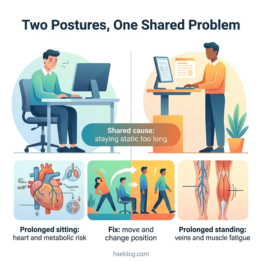 Infographic showing two workers in different postures experiencing shared health problems from staying static too long, with illustrations of risks from prolonged sitting and standing plus recommended movement solutions.