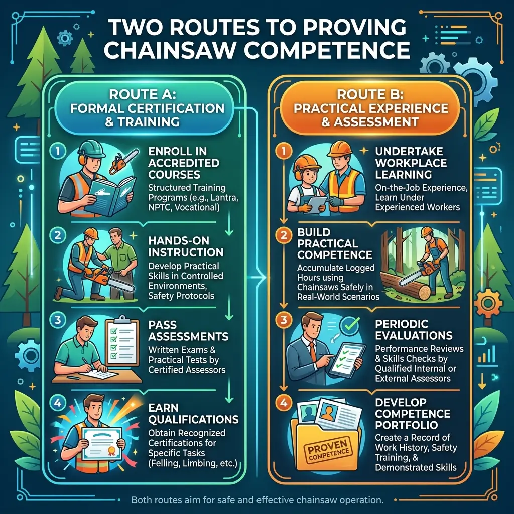 Infographic comparing two pathways to demonstrate chainsaw competence: Route A through formal certification and training, and Route B through practical workplace experience and assessment, both leading to safe operation.