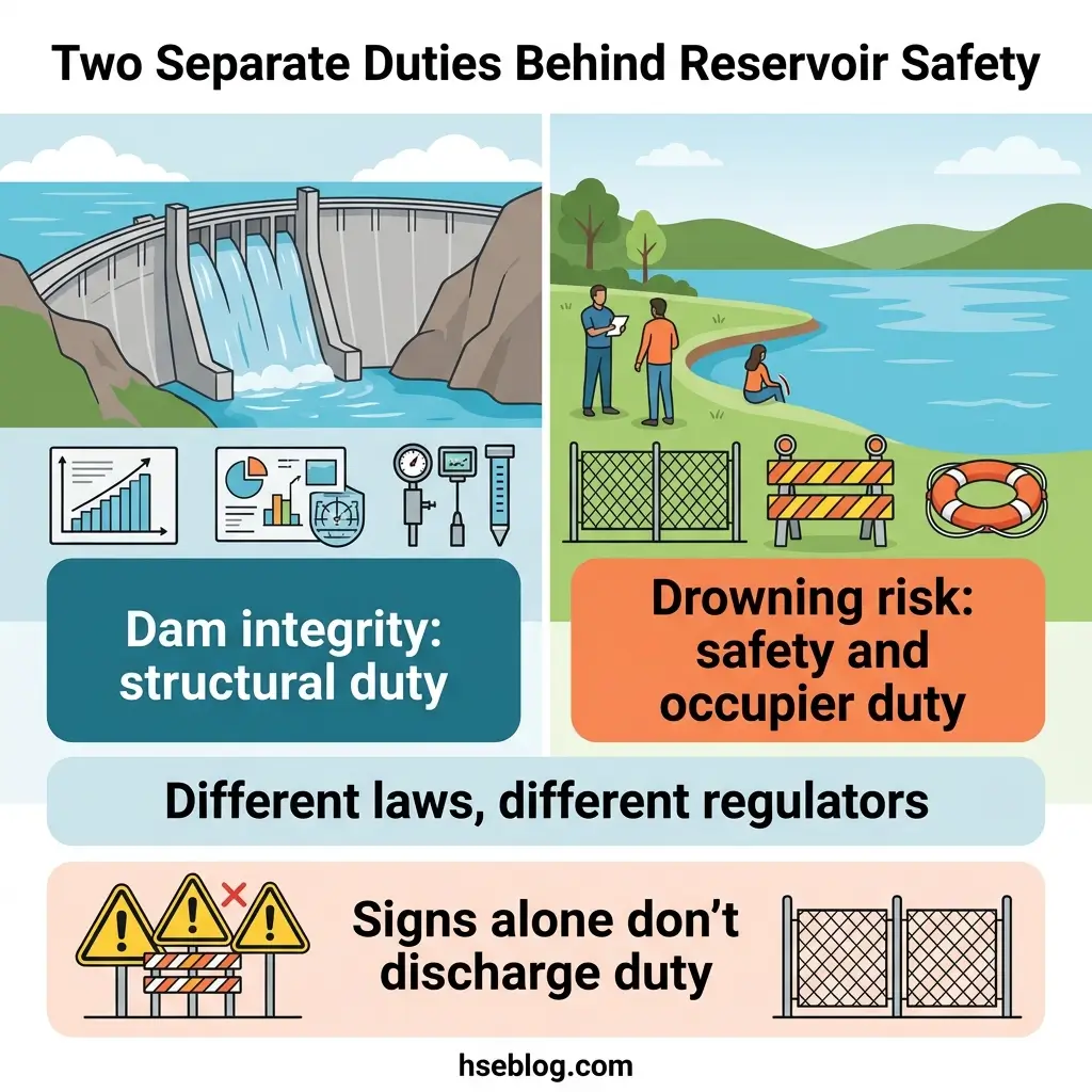 Infographic showing two key duties for reservoir safety: dam structural integrity monitored through data analysis, and drowning prevention through occupier safety measures like fencing and signage.