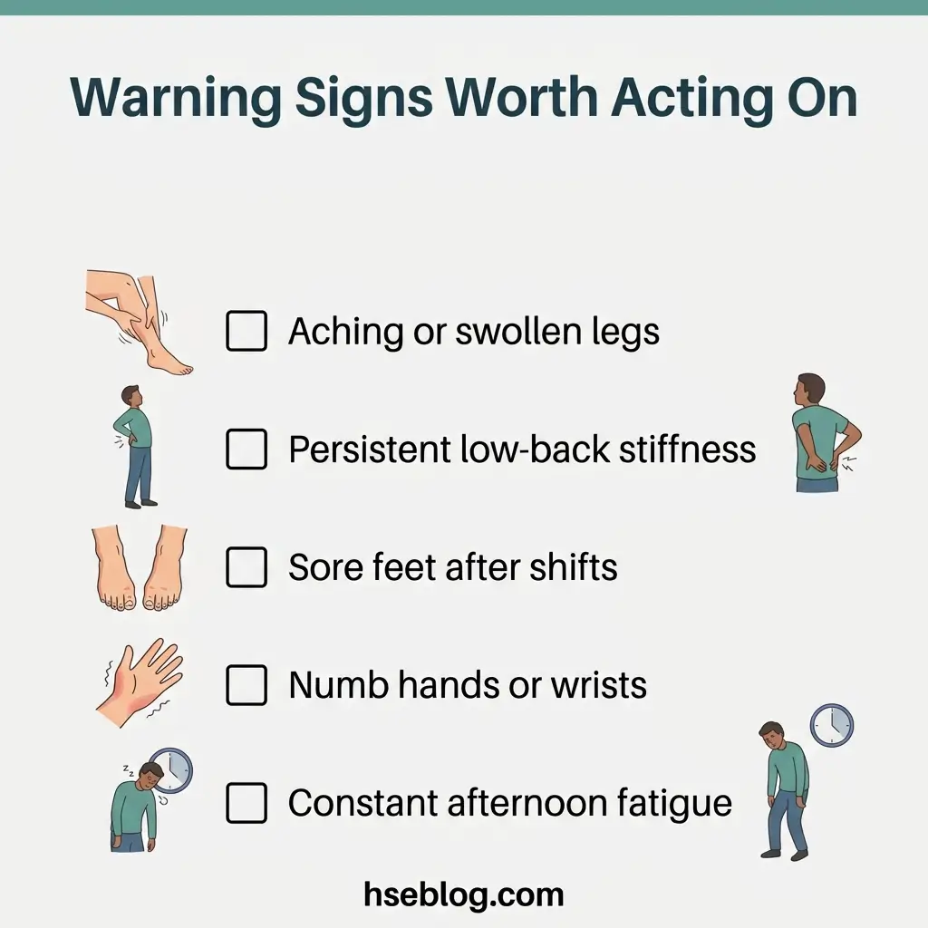 Checklist of five warning signs worth acting on: aching or swollen legs, persistent low-back stiffness, sore feet after shifts, numb hands or wrists, and constant afternoon fatigue, each illustrated with relevant body diagrams.